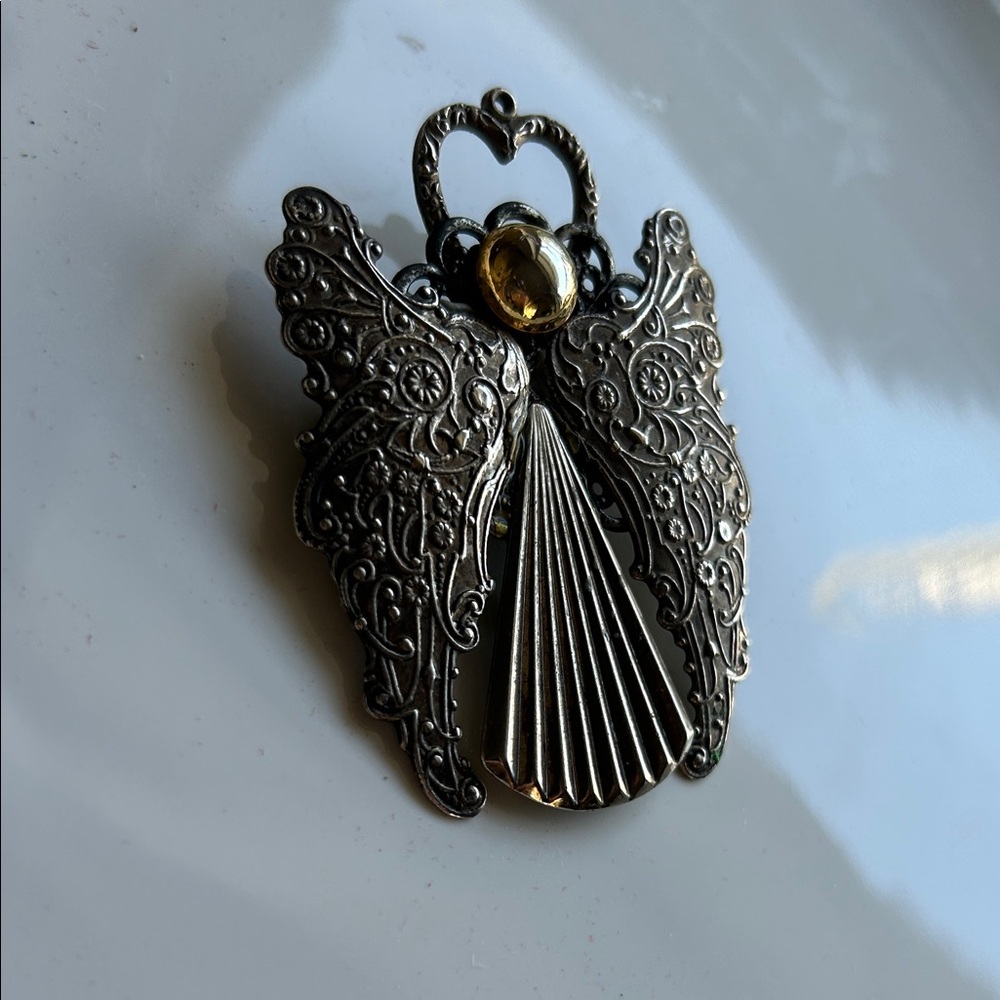 Vintage Angel Brooch, Silver Tone Heart Halo Wings, Elegant Statement Pin